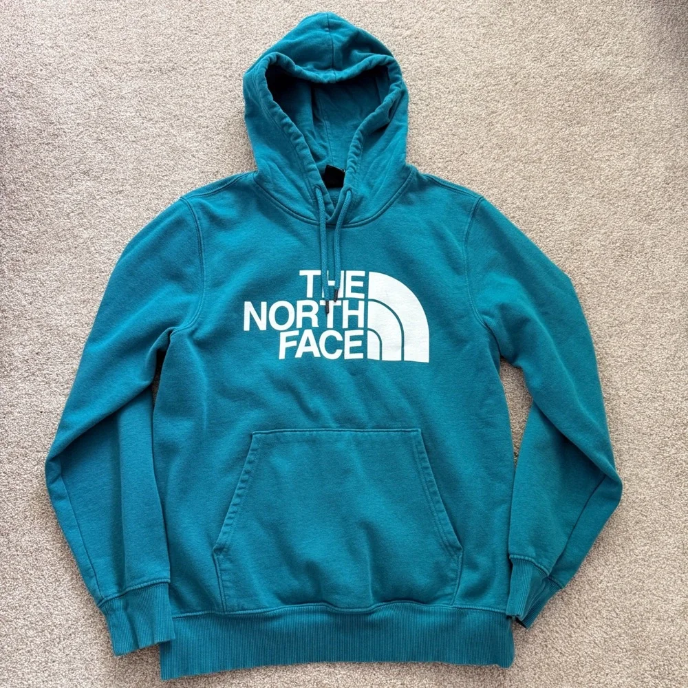 The North Face Hoodie Mens Medium Teal Blue White Logo Pullover Sweatshirt